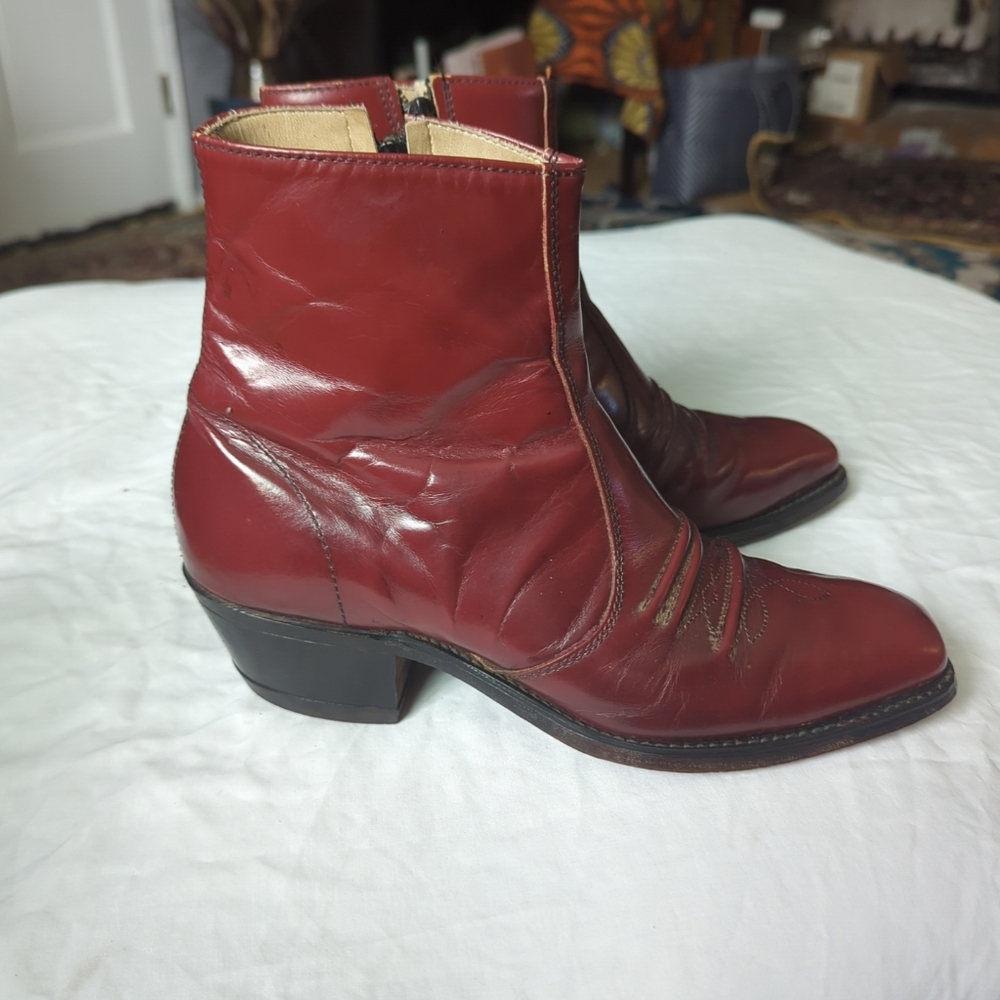 Men’s 1970’s Sears Rusty Brown Leather Western Side Zip Square Toe Heeled Boot - Picture 6 of 12